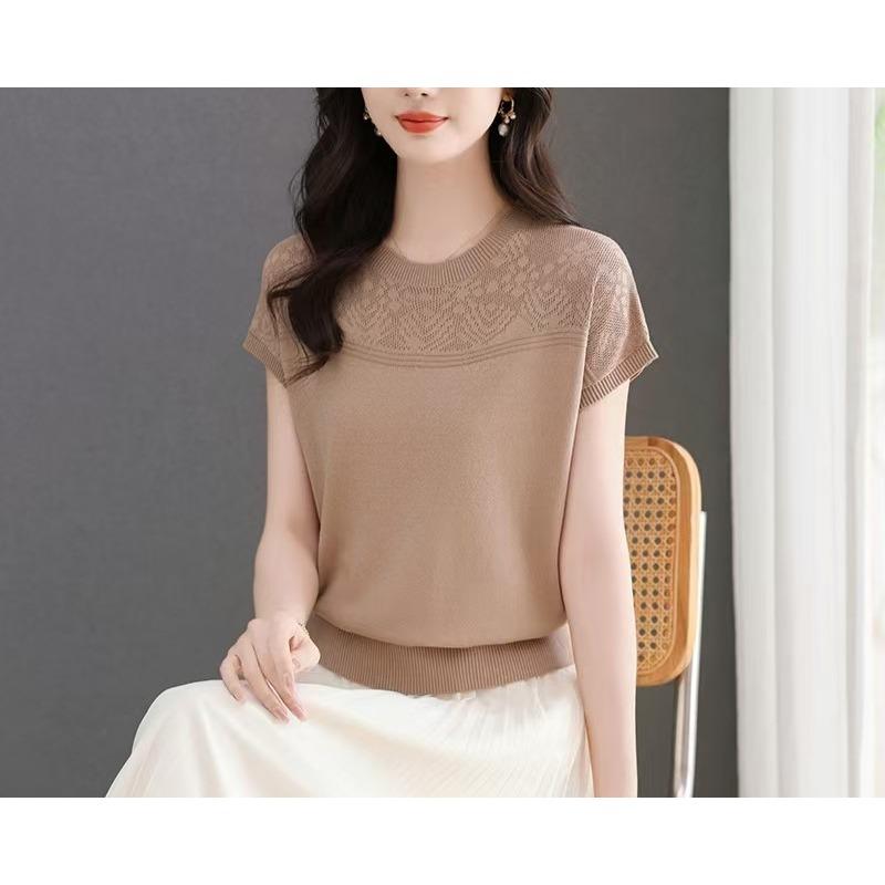 Summer Round Neck Hollow Ice Silk Knitted Shirt for Women Women's Short Sleeved T-shirt Loose Top