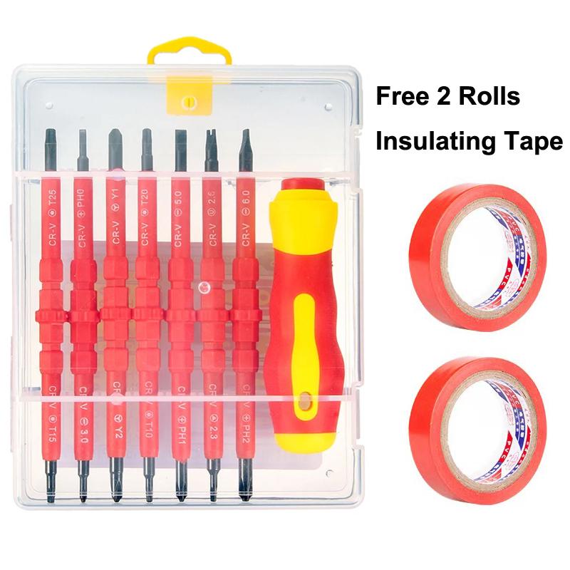 Electrician Repair Tools Kit 13pcs 1000V Changeable Insulated Screwdrivers Set with Magnetic Slotted Phillips Pozidriv Torx Bits