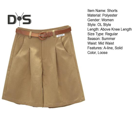 Women Summer Shorts A line Solid Color With Belt High Waist Suit Shorts Loose Pockets Zipper Button Closure Lady Dating Commute Shorts