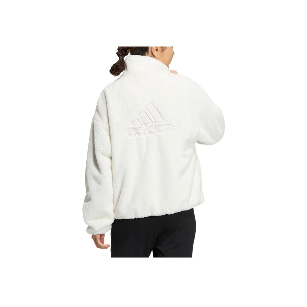 Adidas Met Fur Jacket With Embroidered Logo On The Back, Zippered Stand-Up Collar Women Outerwear White HM7102