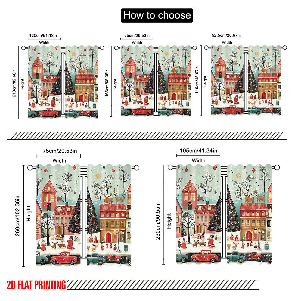 2pcs 2D Flat Printing Merry Christmas Party Curtains Santa Claus Snow Scenery Versatile Polyester Fabric Without Electricity