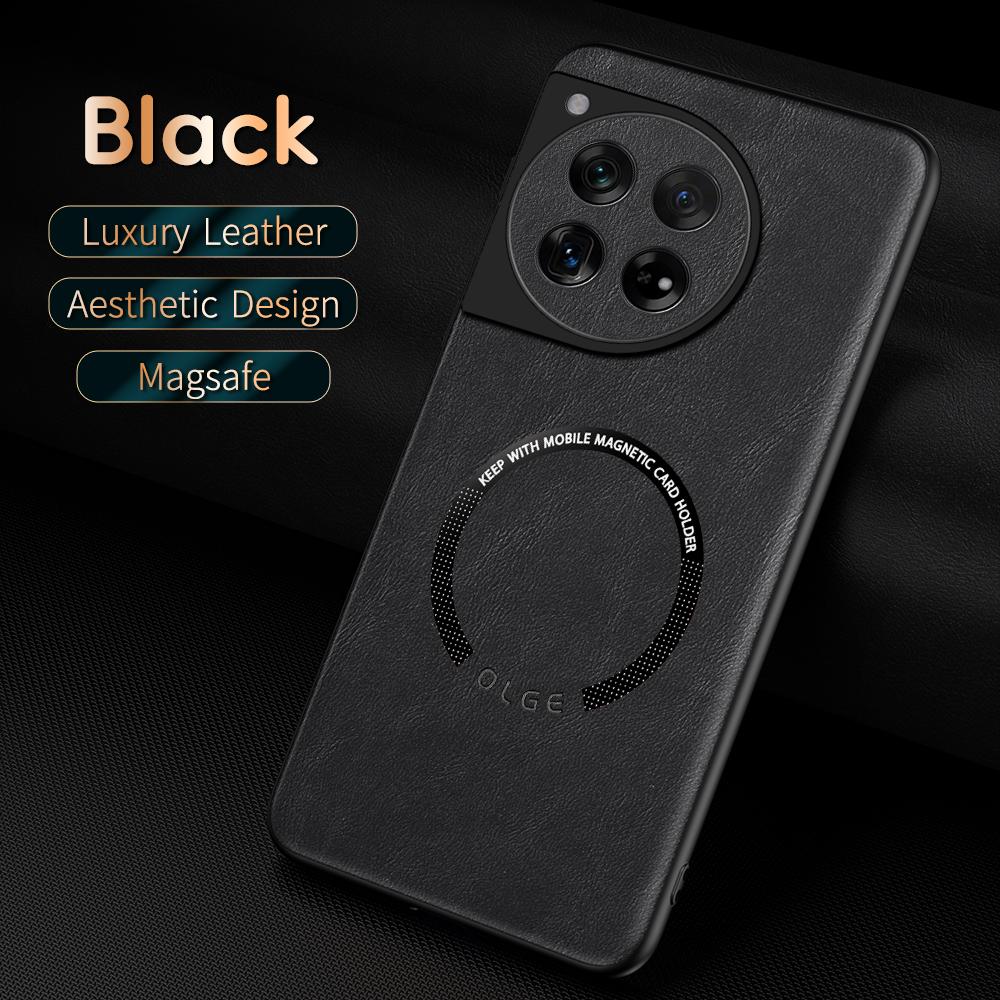 For OnePlus 13 12 11 Fine-hole PU Cow Pattern Leather External Magnetic Ring Soft Edge Anti-drop Anti-fingerprint Phone Case