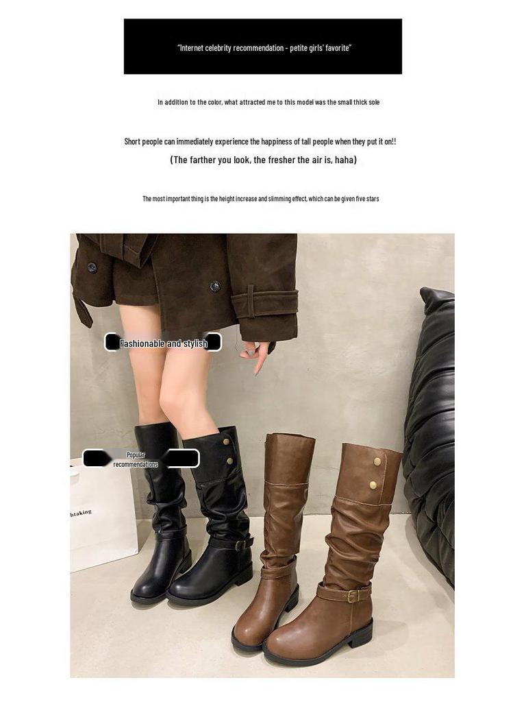 Jesienno-zimowe kozaki za kolano typu slouch z klamrą paska i masywnym obcasem - styl kowbojski