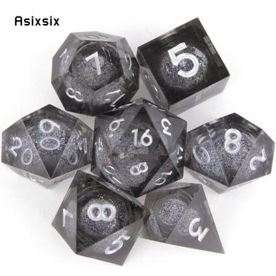 7 Pcs Black Resin Flowing Sand White Number Sharp Edge Dice Polyhedral Dice Suitable for  RPG   Board Game