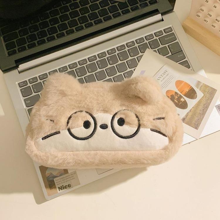Cute Plush Pencil Case with Animal Glasses Design Large Capacity Cat Dog Shaped Makeup Bag School Stationer Bag Gift for Kids