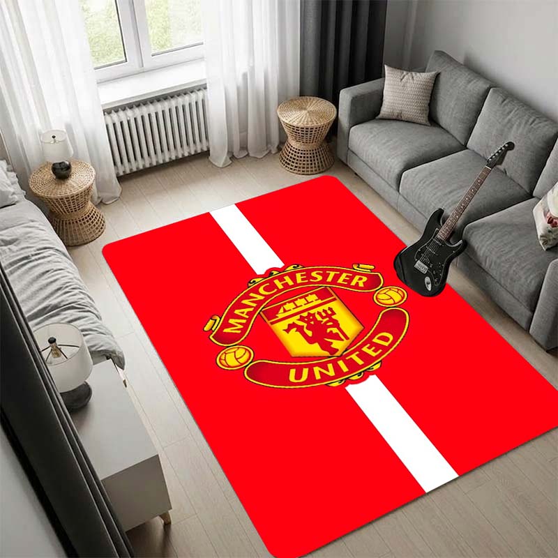Manchester United Logo Area Rug, Red Base White Stripe Team Crest Print Non Slip Floor Rug for Football Fan Bedroom Living Room Decor