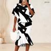 Women Plus Size Two Piece Set Round Neck Batwing Sleeve Black White Printed Ruffle Hem Top Fishtail Skirt