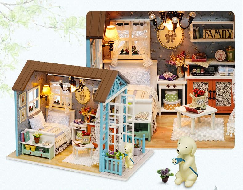 Dollhouse making kit, DIY kit, craft set, blue room, miniature, dog, flowers, bed.