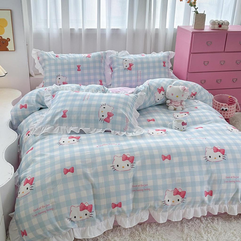 Official Sanrio Hello Kitty All-Cotton 4-Piece Bedding Set - Sheet, Pillowcase & Bed Skirt for Dorms