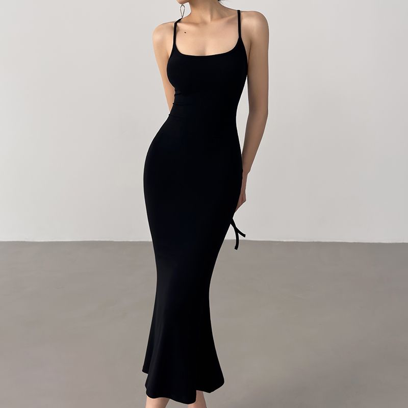 

Summer European American Fishtail Dress Women s Backless Lace up Long Bandeau Slim-Fit Tight Braces Vest Sheath Dress Black M