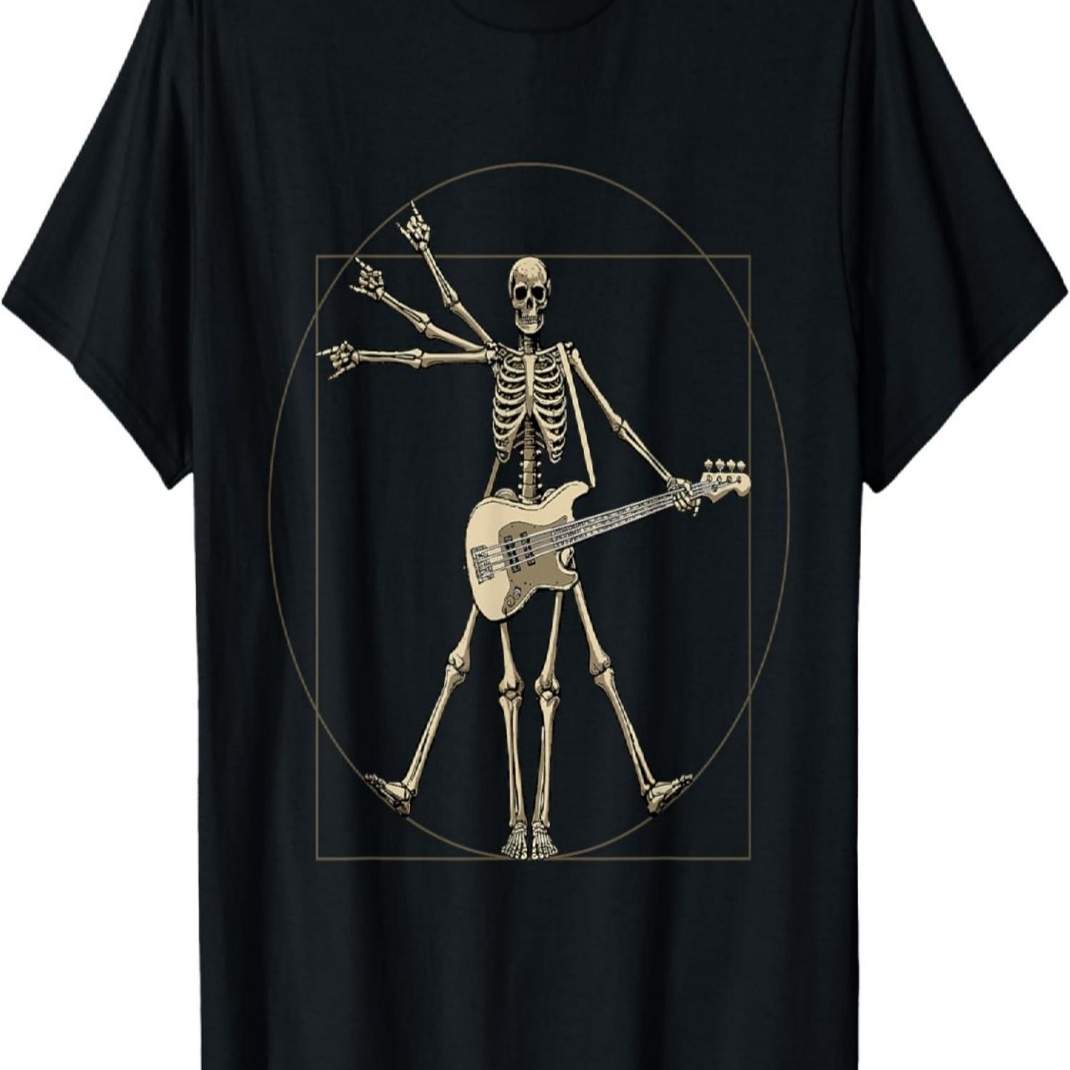Guitar Shirt Da Vinci Skeleton of Vitruvian Guitar Player T-Shirt S чёрный