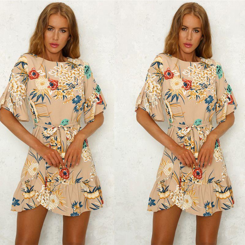 Stylish Womens Mini Ladies Dress Floral Print Ruffle V Summer Beach Sundress For Every Occasion