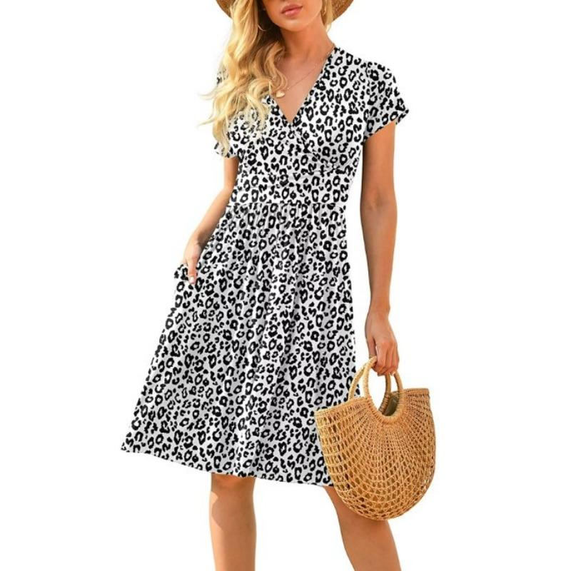 Fashionable New Women's Dress, V-neck Short-sleeved Printed Pockets, Elegant and Versatile