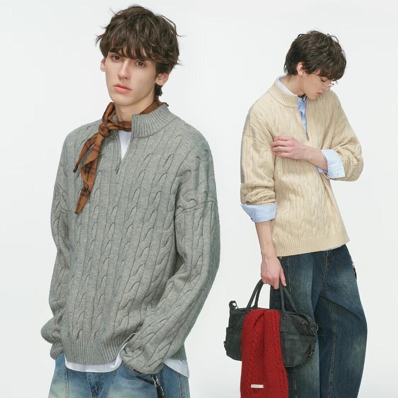 

ICH MODE Unisex Old Money Style Half-Zip Cable Knit Sweater L