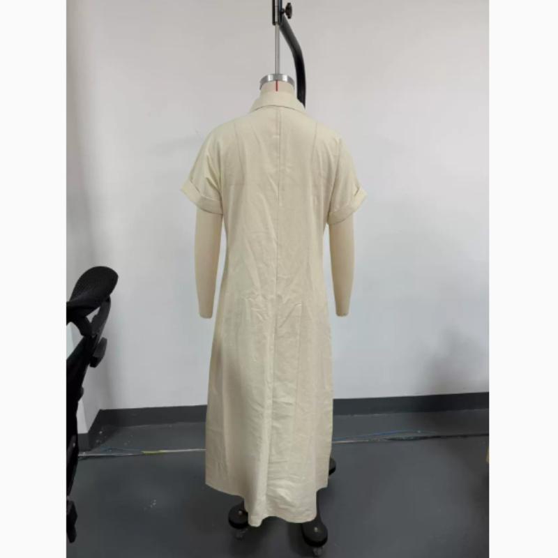 New Short Sleeve Holiday Elegant Party Dress, Women Summer Turn-Down Collar Simple Maxi Dress, Loose Patchwork Ladies Dress