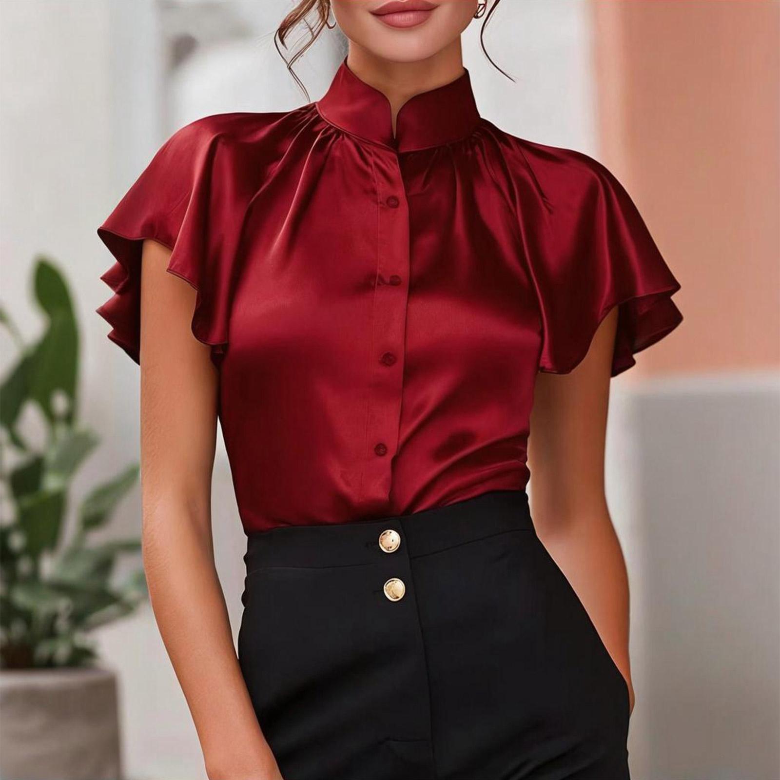 

Womens Spring Tops Summer Shirts for Women Button Down Flutter Sleeve Blouse Womens Summer Tops Dressy Casual Office Wear S