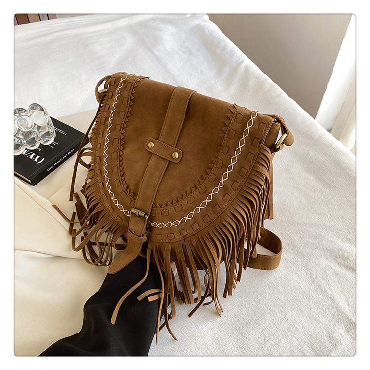 Tassel Bag Brown Retro Western Denim Bag Niche Ethnic Bohemian Messenger Bag Women's Trendy Shoulder Bag