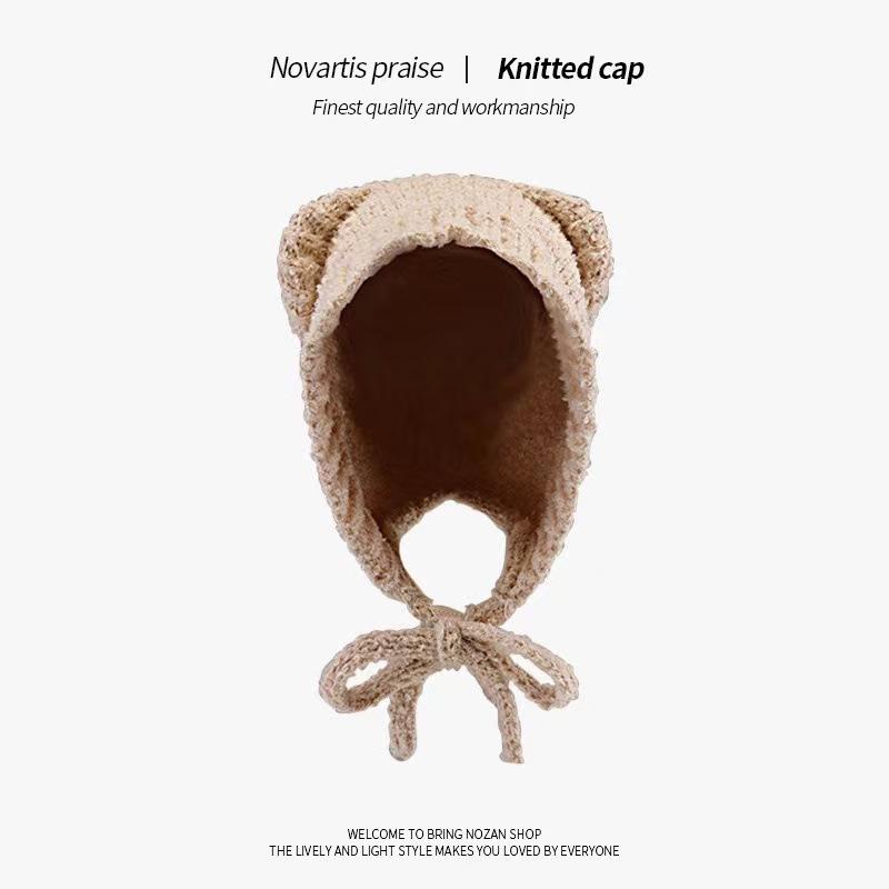 Bear knitted hat cute wool plush women's autumn and winter versatile warm plush big head circumference shows small face
