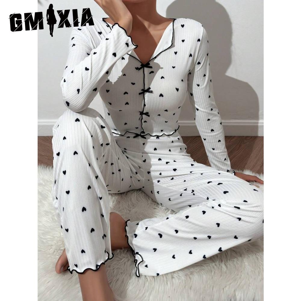 GMXIA Homewear Love Print Long-sleeved Lapel Pyjamas Women Can Be Worn Outside Trousers Two-piece Set