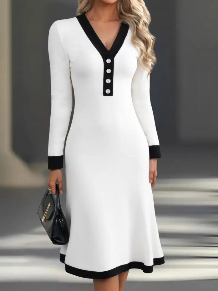 Elegant V-Neck Color Block Skirt Dress for Spring & Autumn 2025