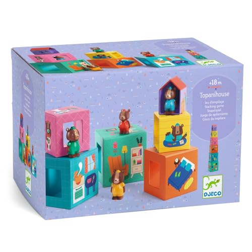DJECO Tapani House Stacking Toy Blocks, Cubes, Nesting Building Blocks, Numbers, Bears, Animals, Ages 1 Year, 18 Months, 18 Months, 2 Years, 3 Years,