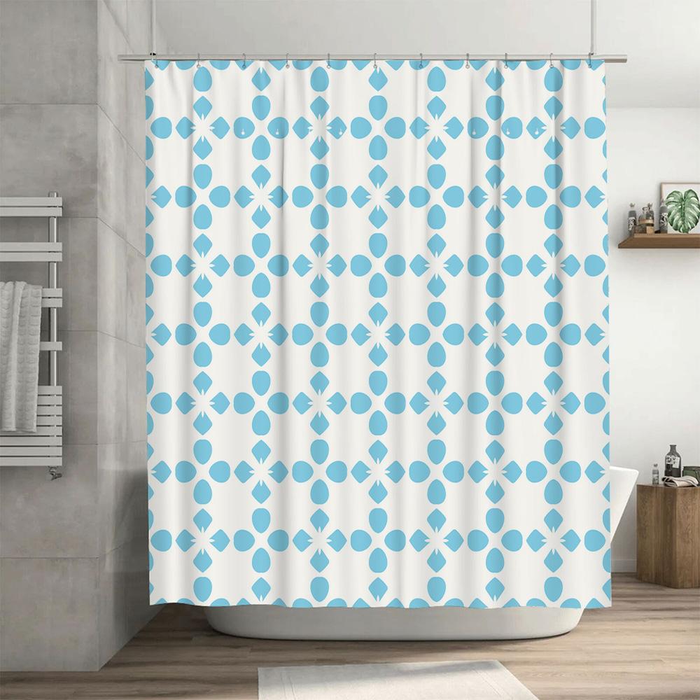 Blue White Geometric Shower Curtain Decorative Bath Liner Set with Hook for Home