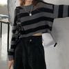 KOSY Striped Cropped Sweater Korean Style  Women Vintage Oversize Knit Jumper Female Autumn Long Sleeve O-neck Pullovers Tops