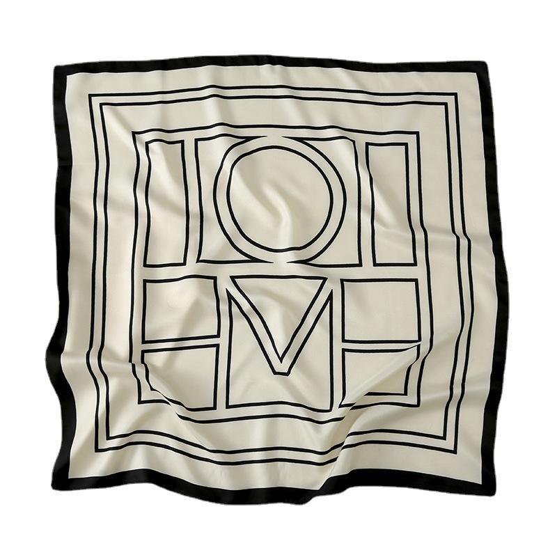 New twill silk niche simple style, classic black and white geometric printing simulation silk square towel sun protection decoration women