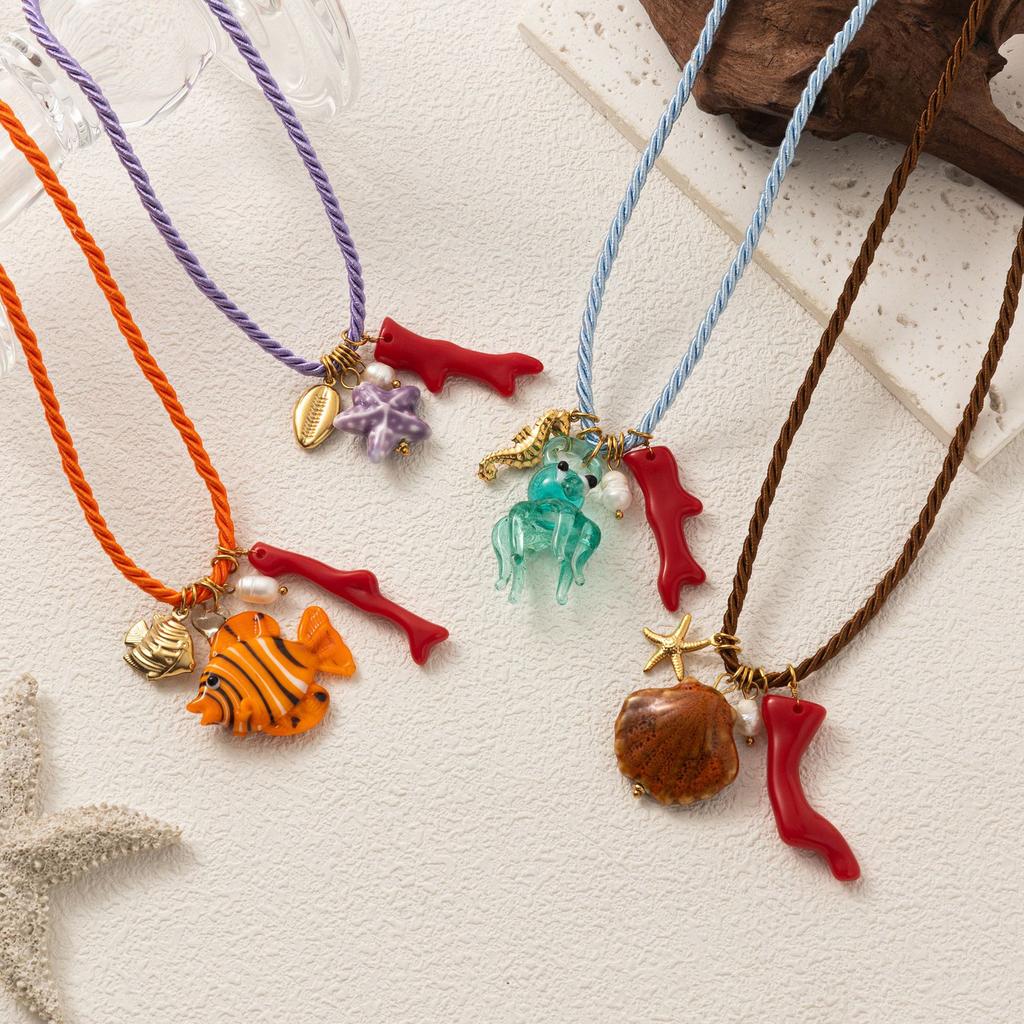 Handmade Chunky Rope Multi Color Ceramics Starfish Octopus Fish Pendant Necklace Summer Beach Shell Y2K Collar Jewelry