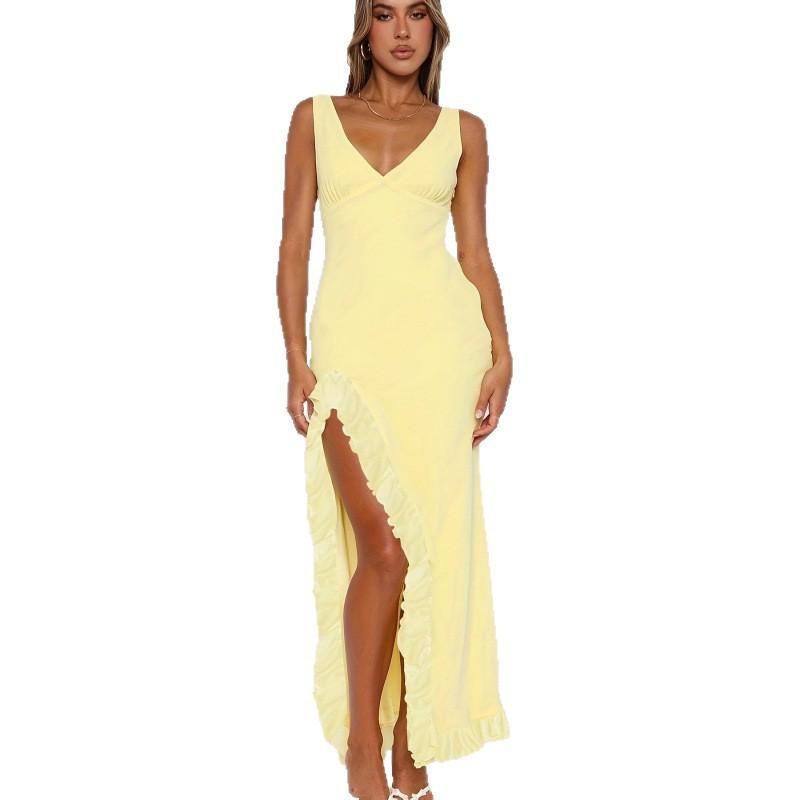 Womens Solid Color V-Neck Sleeveless Ruffle Hem Slit Maxi Dress High Waist Street Chic 2026