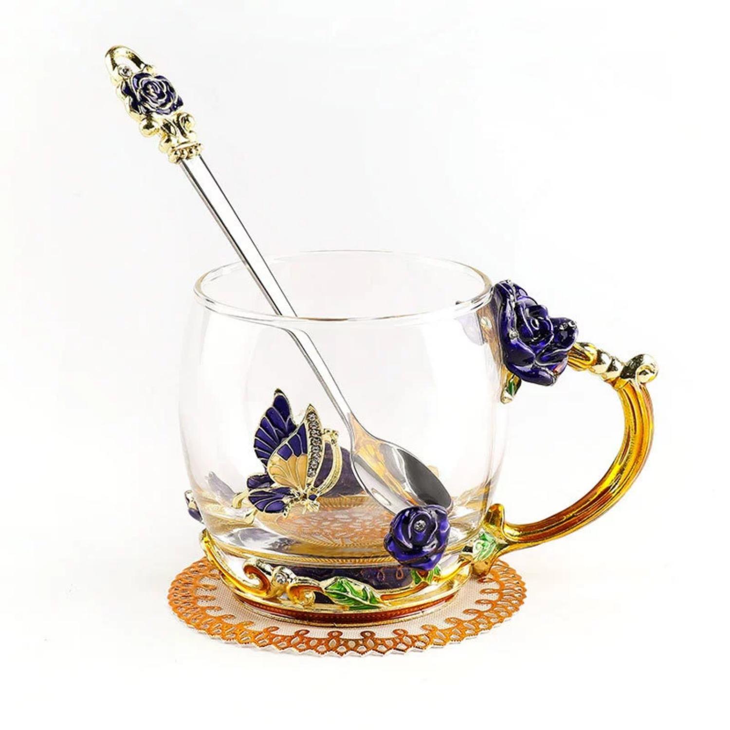 

Стеклянные кружки для кофе с эмалью в виде бабочки и цветка ручной работы, чайная чашка с ложкой, подарки на день рождения, Рождество для нее, женщины, мамы, подруги, учителя, валентинки Blue-S