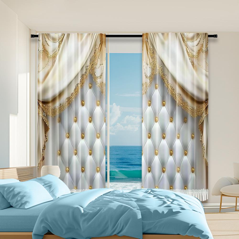 

Набор из 2 золотисто-белых оконных штор для гостиной, спальни, столовой, кабинета, офиса. Домашний декор. Материал: полиэстер. Машинные шторы. Сделано. Сидящий. W100*H70(CM)-Hooks&1PCS