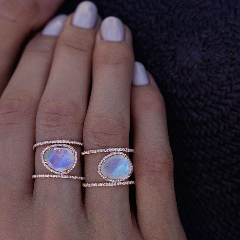 14K Rose Gold Irregular Moonstone Ring with Micro-Inlay