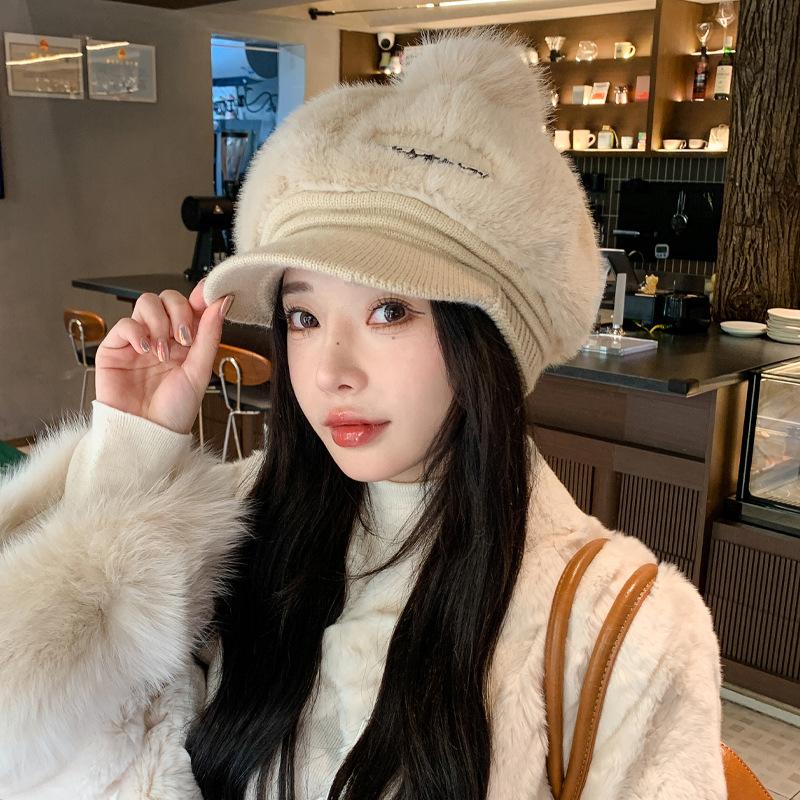 Korean New Autumn and Winter Hat for Women Fashionable and Versatile Rabbit Fur Warm Baseball Cap Cute Winter Fur Ball Cold Hat Thick