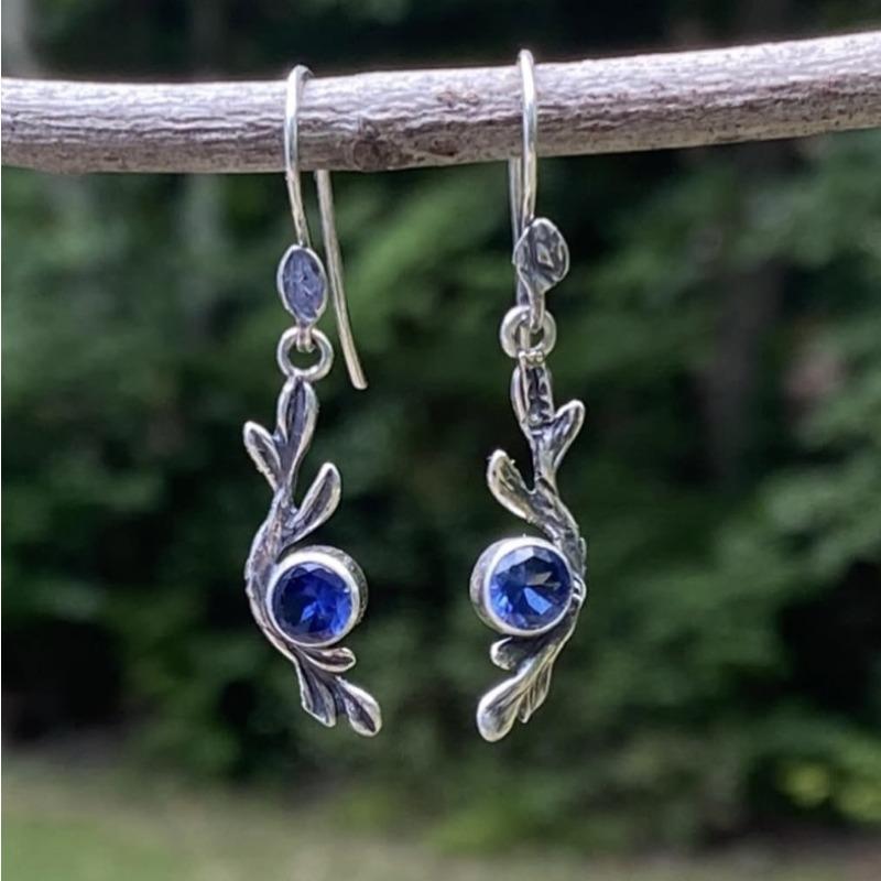 Vintage Flower Inlaid Blue Stone Earrings Geometric Creativity Silver Color Dangle Earrings for Women Jewelry