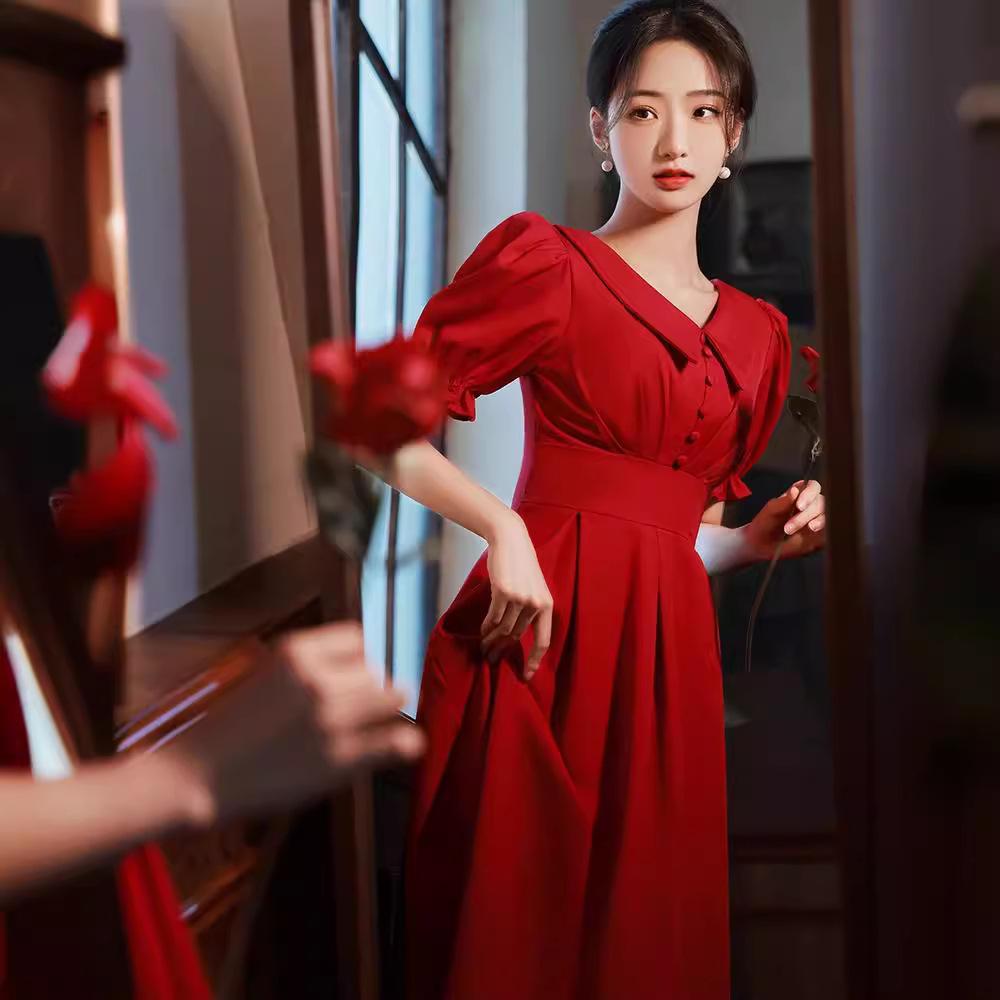 Summer new women's clothing ruffle edge medium and long red dress doll collar high-end French small red dress