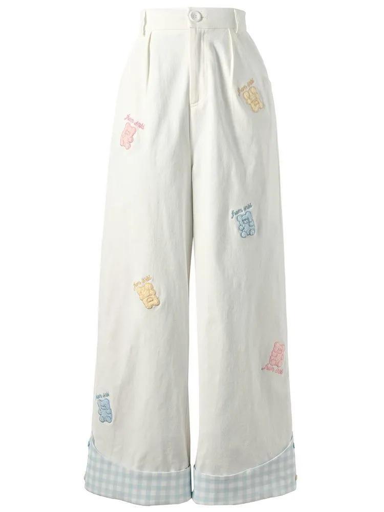 

Women s Plaid Patchwork Straight-Leg Summer Pants with Button Detail Medium белый