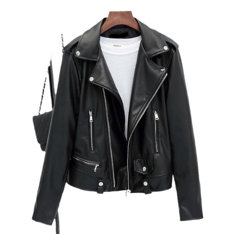 New Women's Black Slim Fit PU Leather Motorcycle Jacket - Spring & Autumn Plus Size
