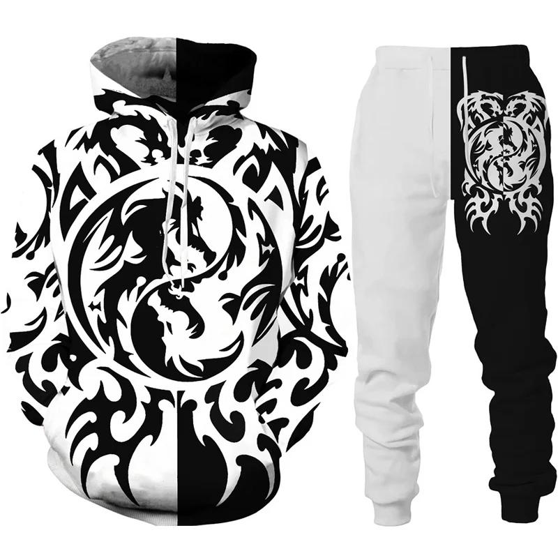 Drache 3D Druck Herren Totenkopf Kapuzenpullover Sets Trainingsanzug/Hose Herbst Winter Langarm Pullover Anzug Punk Lässig Übergröße Hohe Qualität