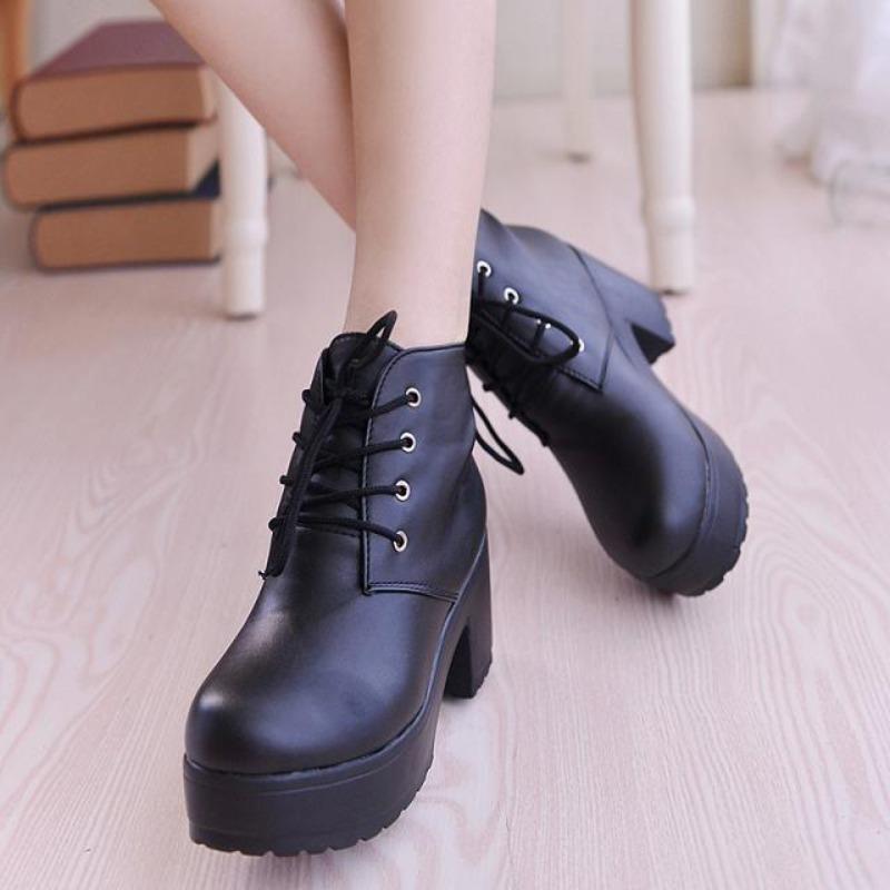 Fashion Ankle Boots for Women Fashion Black&White Punk Rock Lace Up Women Shoes Thick Heel Boots Platform Shoes Heels for Ladies