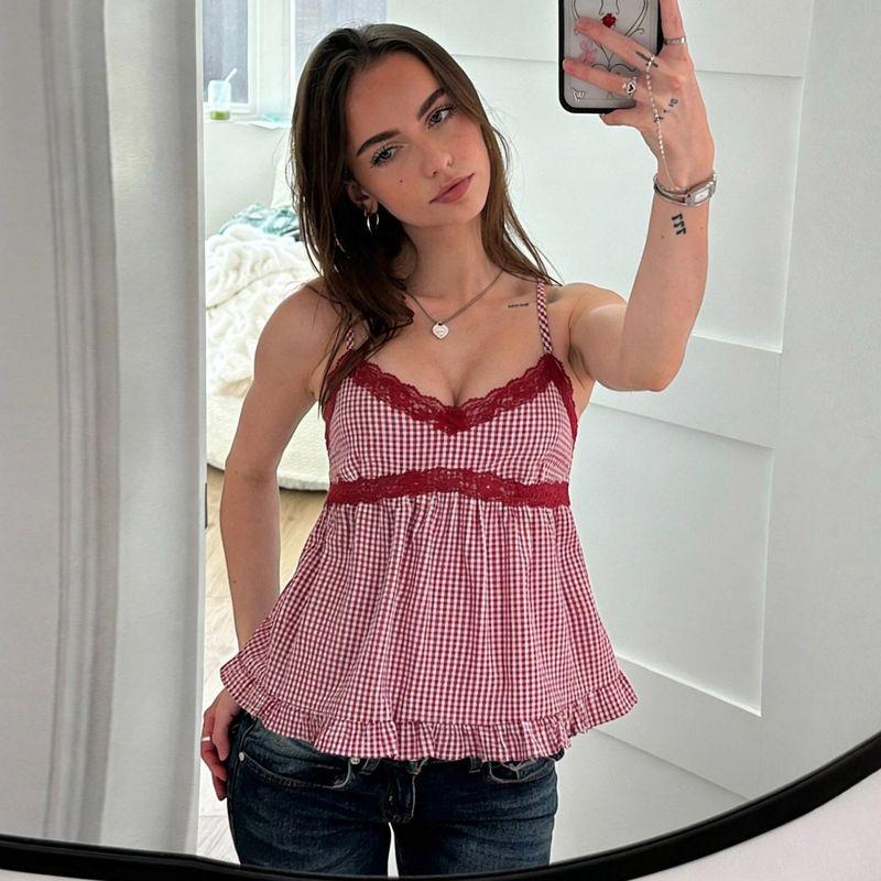 European and American Style Fresh Plaid Print Lace Patchwork Trim Vest, Cute and Simple Sleeveless Slim-Fit Babydoll Tank Top