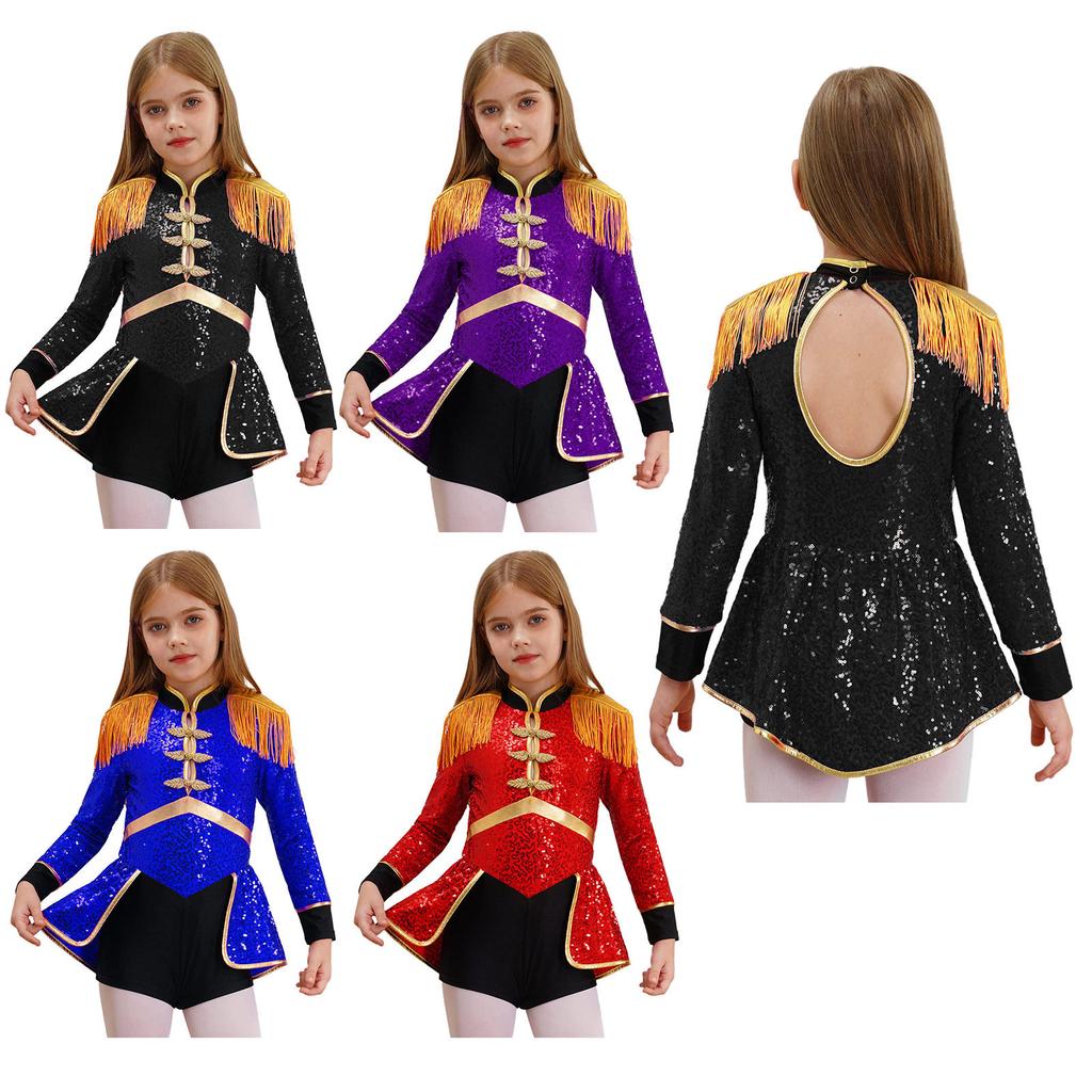 Girls Circus Magician Costume Long Sleeve Sequin Bodysuit with Fringe Epaulets and Sparkle Tassels for Carnival Themed Performances