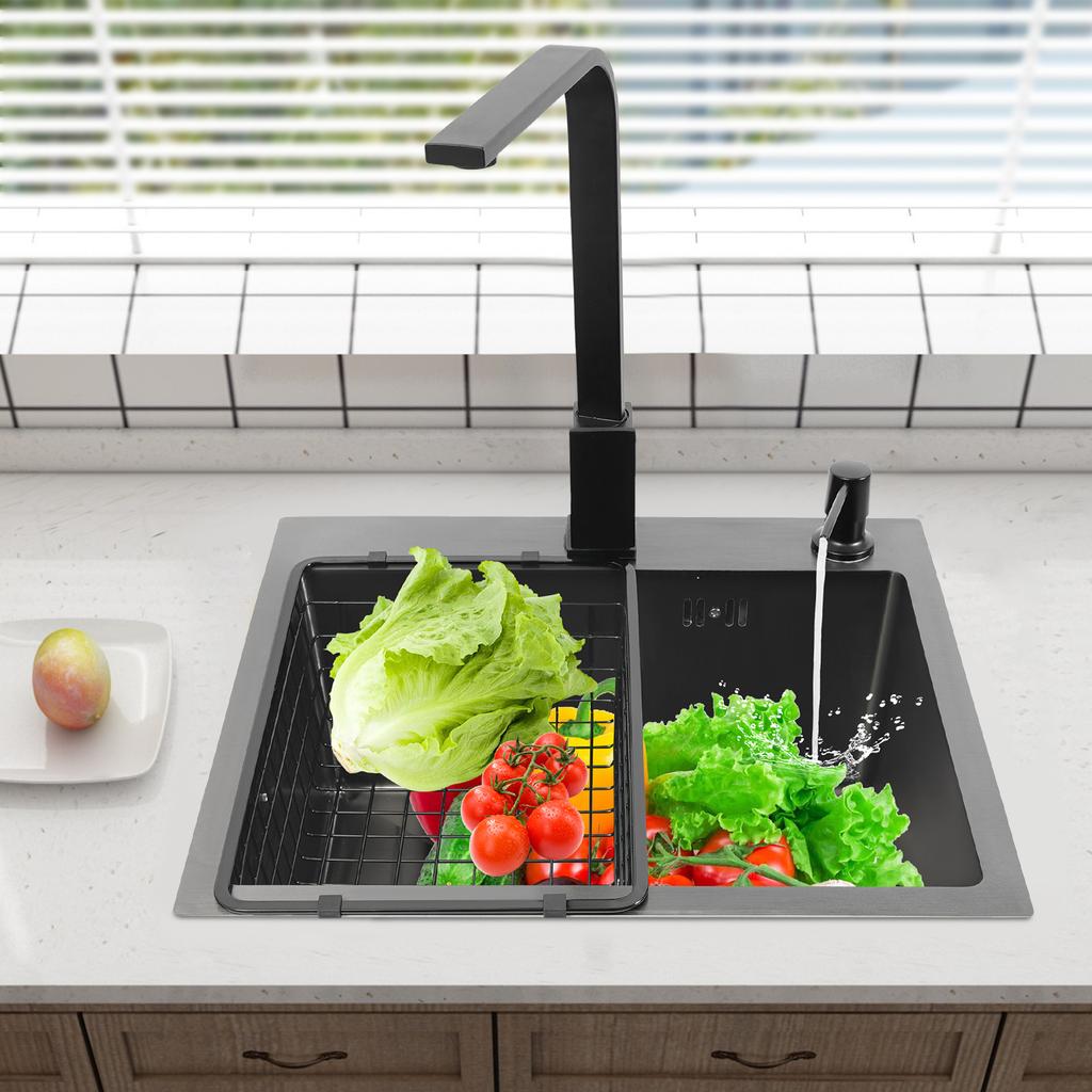 16x12 Inch Stainless Steel Kitchen Sink – 201 Stainless Steel with Nano Coating – Complete Set with Faucet, Soap Dispenser & Drain Basket – Black/Grey
