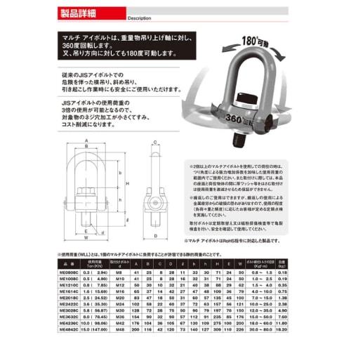 Multi-eye bolt (M12 x 21, weight 0.35 kg, working load 0.8 ton)