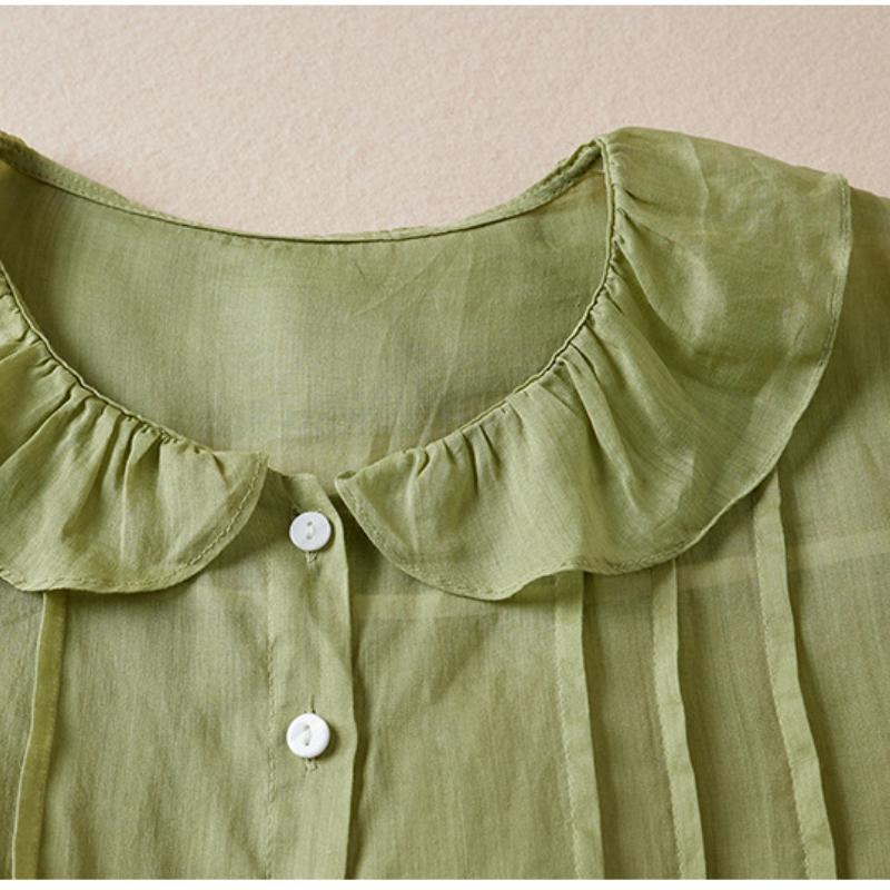 Summer Loose Solid Doll Neck 3/4 Sleeve Cotton Linen Shirt Women's Blouse