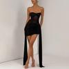 2025 Summer Women's Strapless Chiffon Dress with Mesh Patchwork and Ribbon