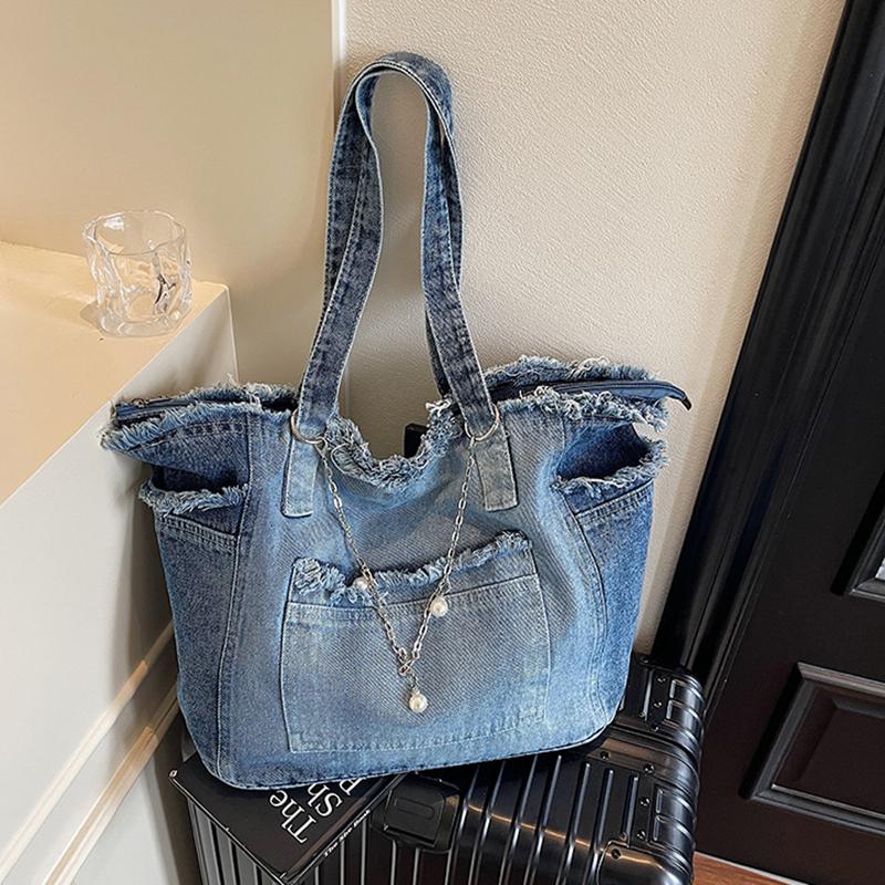 

Yogodlns Fashion Gradient Raw Edge Denim Tote Bag Women Versatile Large Capacity Chain Handbags Simple Commute One Shoulder Bags 47x14x31cm синий