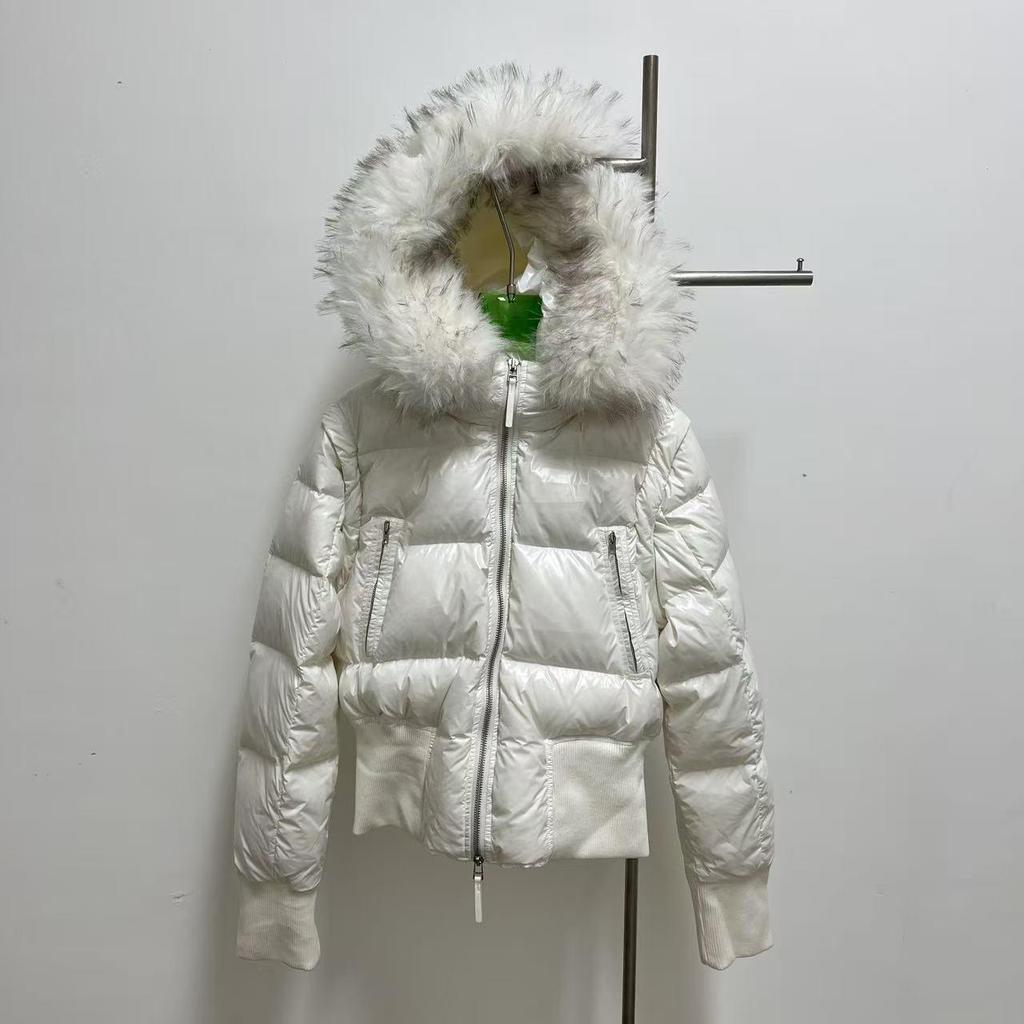 Women's Black Slim-Fit Down Coat with Detachable Fur Collar