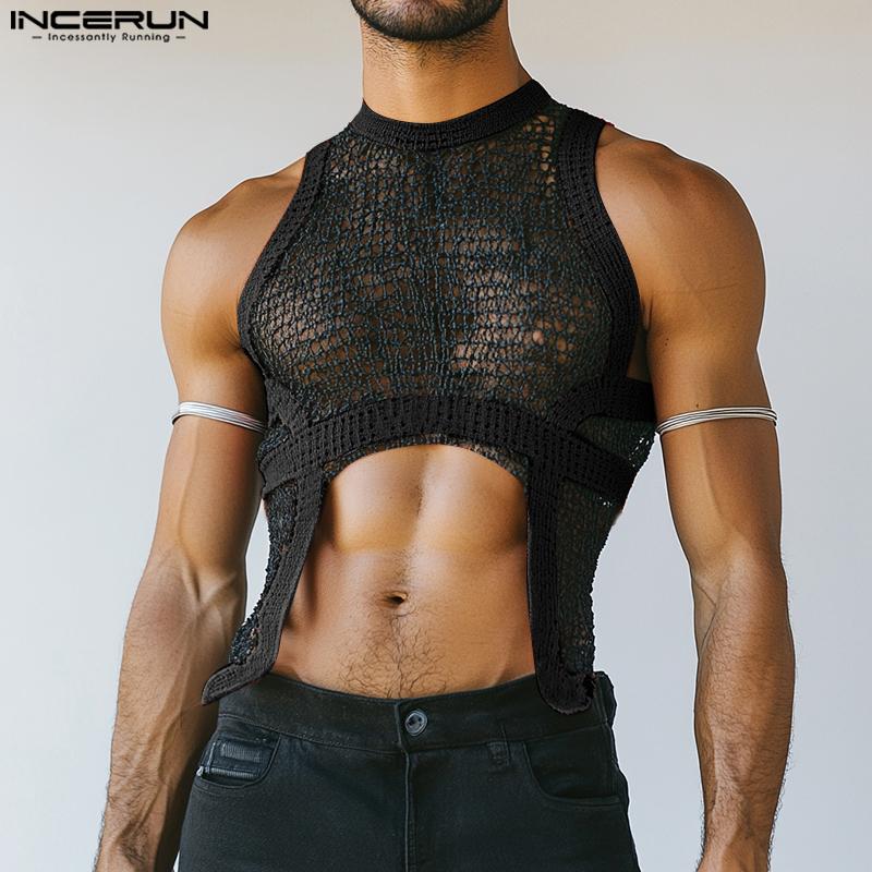 INCERUN Summer Men Sleeveless Stitching Irregular Cutout Hollow Out Tanks Tops