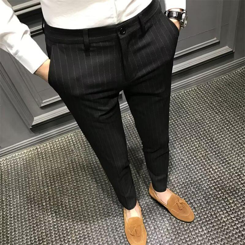 Men's Slim Fit Striped Plaid Trousers - Casual Korean Style with British Flair